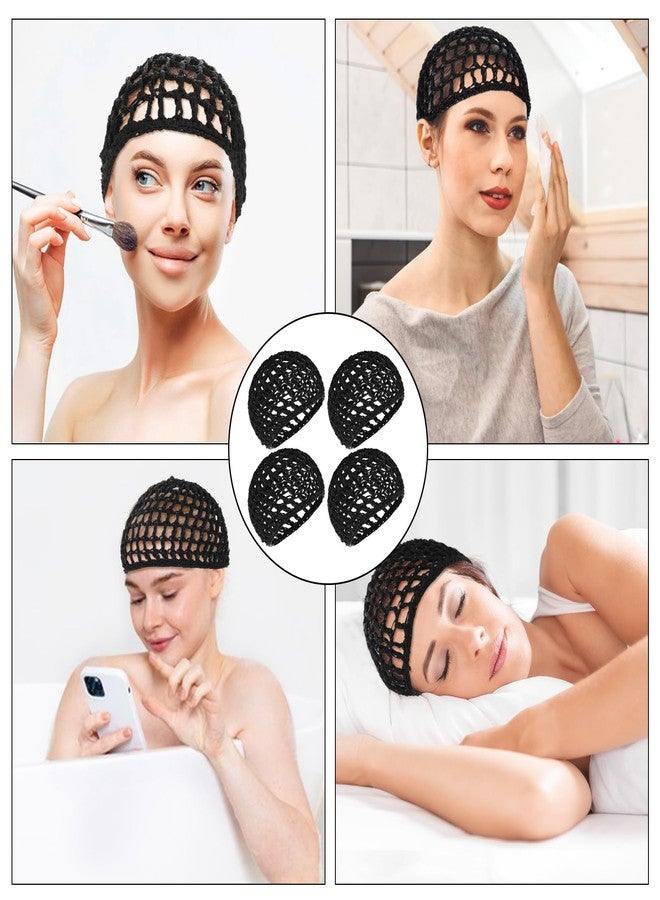 KFHENSOMR 4 Pack Crochet Hair Nets, Knit Snood Bonnets, Hairnet Hair Cover, Crocheted Sleep Cap for Women - Soft, Breathable Mesh Hairs Wrap Net for Sleeping, Shower, Silk Press (Black) - Image 5